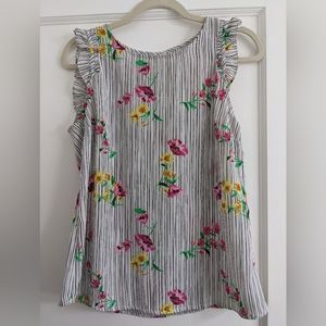 ELLE Ruffle Cap Sleeve Floral Stripe Print Casual Blouse